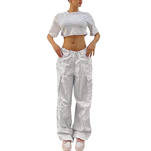 SKFLABOOF Fallschirmhosen Teenager Baggy Cargohose Damen Y2K Weites Bein Track Pants Vintage Baggy Hosen für Frauen Streetwear Elastische Taille Parachute Pants, 14 von SKFLABOOF