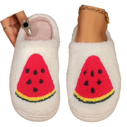 SKFLABOOF Hausschuhe Damen Plüsch - Süße Hausschlappen Aesthetic Herren Home Slippers Women Warm Witzige Flauschig Offen Teenager Mädchen F 012c Wassermelone rot, 39 von SKFLABOOF