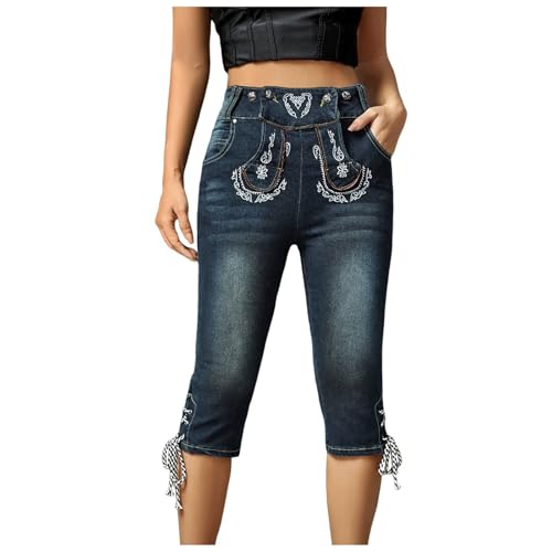 SKFLABOOF Lederhose Damen Tracht, Trachtenjeans Damen - 3/4 Lederhose Oktoberfest Outfit Dreiviertel Hose Trachtenhose Kurz Lang Capri Trachten Jeans Trachtenlederhose Blau-1, XL von SKFLABOOF