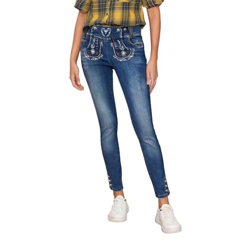 SKFLABOOF Lederhose Damen Tracht - 3/4 Trachtenhose Dreiviertel Capri Hose Trachtenlederhose Für Oktoberfest Outfit Kurz Lang Trachtenjeans A_Dunkelblau, M von SKFLABOOF