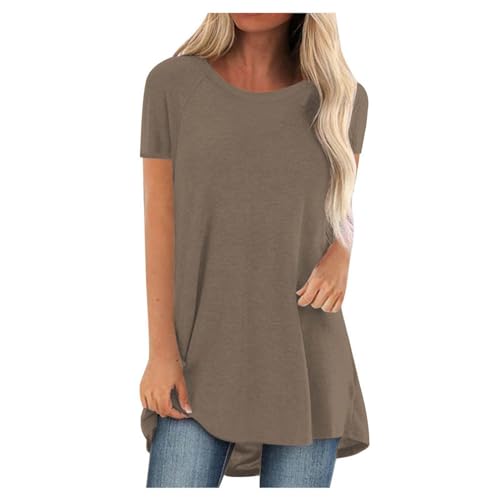 SKFLABOOF Longshirt Damen Rundhals Kurzarm Oversize Tshirt Tunika Einfarbig Basic Shirt Long Bluse Tops Italienische Mode Longpullover Longbluse Damen Lässig für Leggings 01 Braun,L von SKFLABOOF