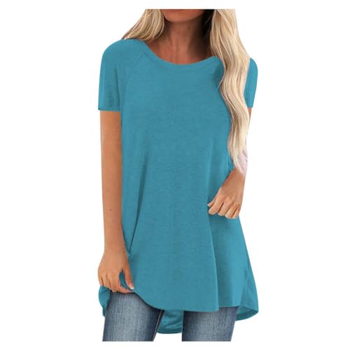 SKFLABOOF Longshirt Damen Rundhals Kurzarm Oversize Tshirt Tunika Einfarbig Basic Shirt Long Bluse Tops Italienische Mode Longpullover Longbluse Damen Lässig für Leggings 01 Himmelblau,XXL von SKFLABOOF