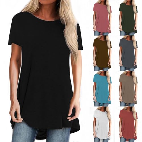 SKFLABOOF Longshirt Damen Rundhals Kurzarm Oversize Tshirt Tunika Einfarbig Basic Shirt Long Bluse Tops Italienische Mode Longpullover Longbluse Damen Lässig für Leggings 01 Schwarz,L von SKFLABOOF