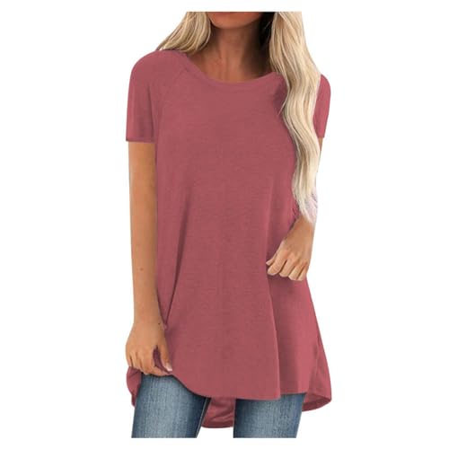 SKFLABOOF Longshirt Damen Rundhals Kurzarm Oversize Tshirt Tunika Einfarbig Basic Shirt Long Bluse Tops Italienische Mode Longpullover Longbluse Damen Lässig für Leggings 01 Wassermelonenrot,M von SKFLABOOF