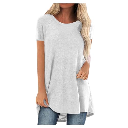 SKFLABOOF Longshirt Damen Rundhals Kurzarm Oversize Tshirt Tunika Einfarbig Basic Shirt Long Bluse Tops Italienische Mode Longpullover Longbluse Damen Lässig für Leggings 01 Weiß,L von SKFLABOOF