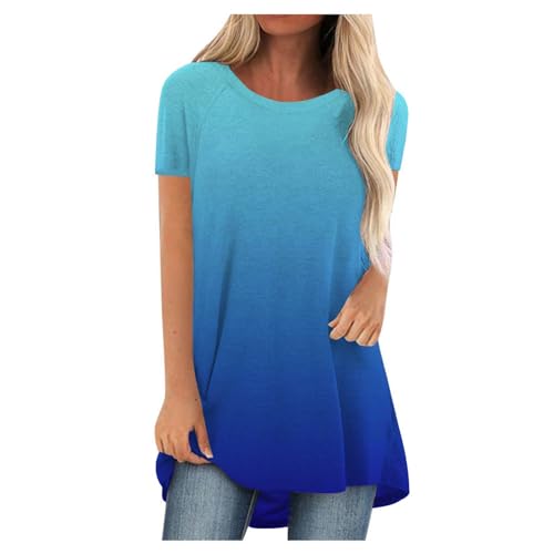 SKFLABOOF Longshirt Damen Rundhals Kurzarm Oversize Tshirt Tunika Einfarbig Basic Shirt Long Bluse Tops Italienische Mode Longpullover Longbluse Damen Lässig für Leggings 02 Blau,M von SKFLABOOF