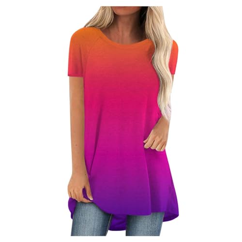 SKFLABOOF Longshirt Damen Rundhals Kurzarm Oversize Tshirt Tunika Einfarbig Basic Shirt Long Bluse Tops Italienische Mode Longpullover Longbluse Damen Lässig für Leggings 02 Orange,XXL von SKFLABOOF