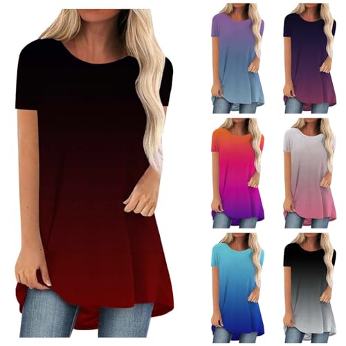 SKFLABOOF Longshirt Damen Rundhals Kurzarm Oversize Tshirt Tunika Einfarbig Basic Shirt Long Bluse Tops Italienische Mode Longpullover Longbluse Damen Lässig für Leggings 02 Rot,M von SKFLABOOF