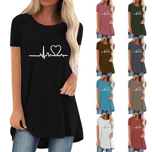 SKFLABOOF Longshirt Damen Rundhals Kurzarm Oversize Tshirt Tunika Einfarbig Basic Shirt Long Bluse Tops Italienische Mode Longpullover Longbluse Damen Lässig für Leggings 03 Schwarz,XL von SKFLABOOF