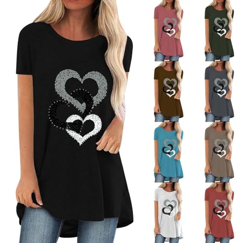 SKFLABOOF Longshirt Damen Rundhals Kurzarm Oversize Tshirt Tunika Einfarbig Basic Shirt Long Bluse Tops Italienische Mode Longpullover Longbluse Damen Lässig für Leggings 04 Schwarz,XL von SKFLABOOF