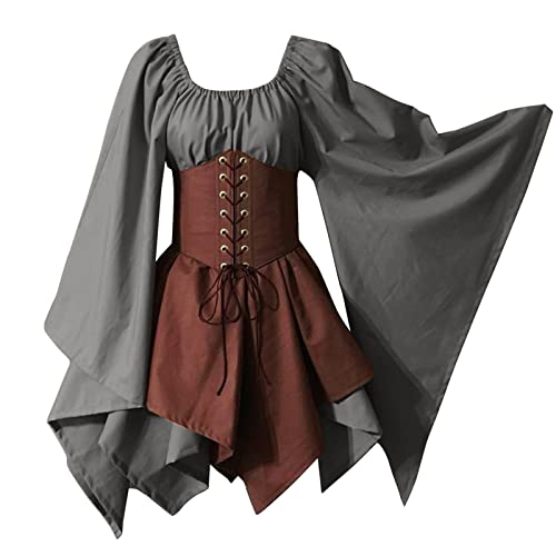 SKFLABOOF Mittelalter Kleidung - Mittelalter Kostüm Damen Lang Leinen Gothic Karneval Partykleider Dress Kleider Elegant Cosplay Brautkleid Kleid Vintage Elfenkleid Kleiderschürze Dresses Gewandung von SKFLABOOF