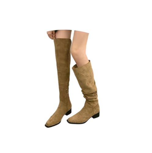 SKFLABOOF Overknees Stiefel Damen - Flach Western Cowboy Boots Mit Absatz Stiefeletten High Heels Herbstschuhe Winterboots Schuhe Elegant Damenstiefeletten 003a Beige, 39 EU von SKFLABOOF