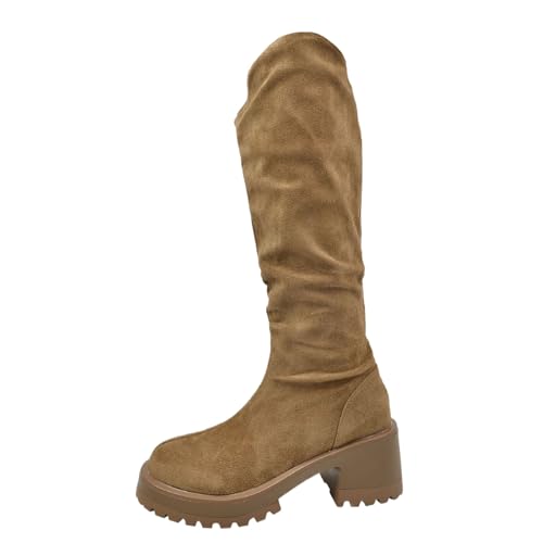 SKFLABOOF Overknees Stiefel Damen - Western Cowboy Boots Mit Absatz Flach Stiefeletten Schuhe Winterboots High Heels Damenstiefeletten Elegant Langschaftstiefel 006b Khaki, 40 EU von SKFLABOOF