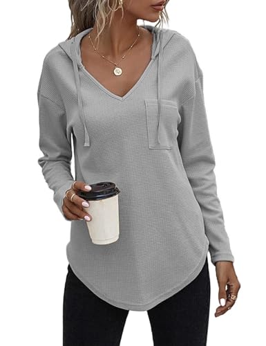 SKFLABOOF Pullover Damen Hoodie Langarm V Ausschnitt Pullover Sweatshirt Kapuzenpullover Einfarbig Drawstring Top von SKFLABOOF