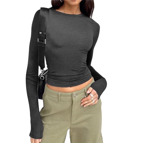 SKFLABOOF Skims Dupe Basic Langarmshirt Damen Vintage Eng Crop Tops Pumiey Y2k Aesthetic Clothes Longsleeve Sexy Oberteile Shirt Langarm für Damen Klamotten Teenager Mädchen von SKFLABOOF