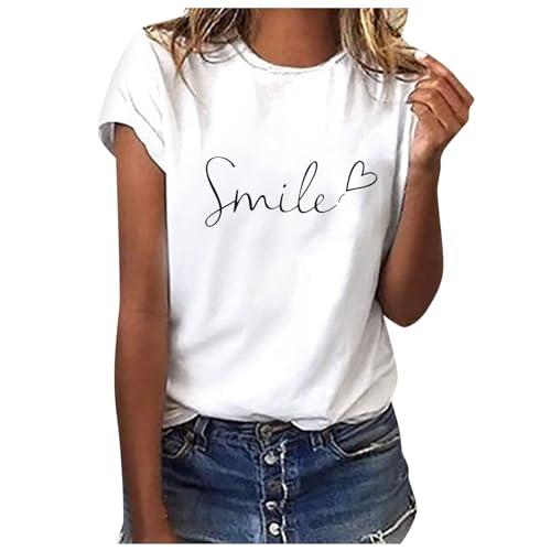 SKFLABOOF Sommer T-Shirt Damen Basic T Shirt Bedrucken Rundhalsausschnitt Weiß Oberteile Baumwolle Casual Damen Locker Kurzarm Bluse Tops Sportshirt von SKFLABOOF