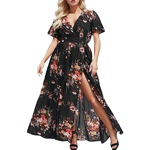 SKFLABOOF Sommerkleid Elegant Damen Lang Boho Maxikleid Große Größen Sommer V Ausschnitt Kleid Schlitz Leichte Sommerkleider Flowy Summer Dresses for Women Schwarz 3XL von SKFLABOOF