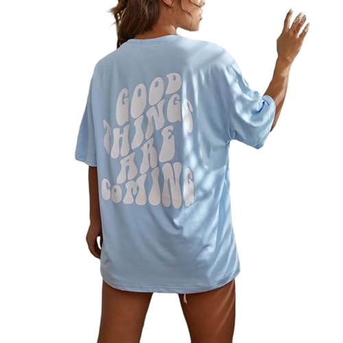 Sport Tshirt Damen Oversized Shirt Bluse mit Backprint Aesthetic T-Shirt Gym Oberteil Shirt Oversize Mit Aufdruck Rundhals Basic T Shirts Coole Sachen für Teenager Mädchen Hellblau, S von SKFLABOOF