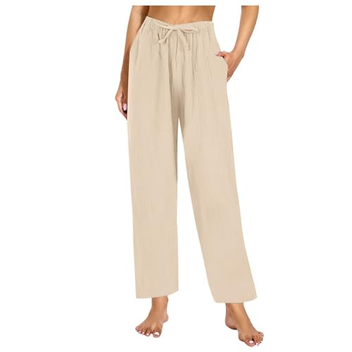 SKFLABOOF Stoffhose Damen Musselin Hose Sommer Mode Lässige Leichte Freizeithose Strandhose Sommerhose Einfarbig Bequeme Luftige Einfarbig Gerade Geschnitten Bein Hosen und Taschen von SKFLABOOF