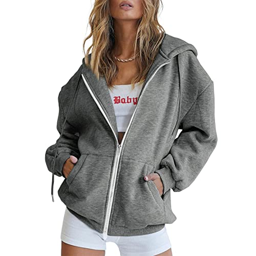 SKFLABOOF Sweatjacke Damen mit Kapuze Sweatshirtjacke Zip Hoodie Sommerjacke Sweatshirt Oversize Jacke College Kapuzenjacke Jogging Jacke Hoodie Jacken Damen Reißverschluss Pullover A01-Grau XXL von SKFLABOOF
