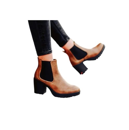 SKFLABOOF stiefel braun, Boots Damen - Ankle Stiefeletten Leder Winterboots Plateau Dicke Waden Schuhe Damenstiefeletten Elegant Herbstschuhe 004a Braun, 38 EU von SKFLABOOF
