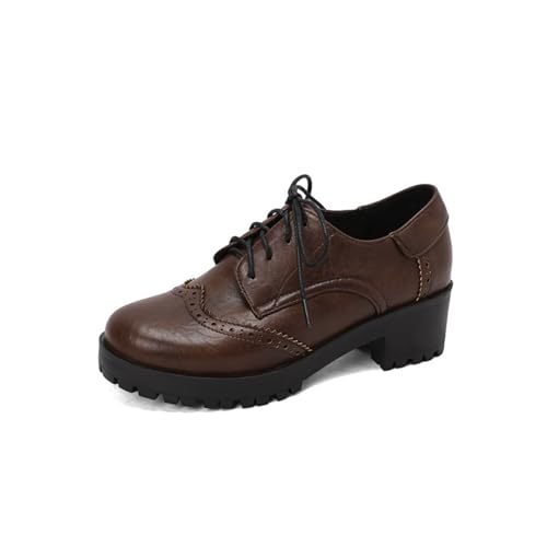 Schnürschuhe Damen Derby Business Oxford Schuhe Lederschuhe Halbschuhe Anzugschuhe Vintage Pumps Mit Blockabsatz von SKFLABOOF