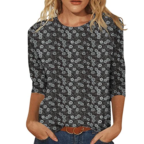 Schwarze Bluse Damen T-Shirt 3/4 Arm Oberteile Tops Bunte Blumenmuster Druck Tunika Shirt Lose Rundhals Sommershirts Mode Damenblusen Langarm Blumen Tshirt Funktionsbluse Spitzenoberteil von SKFLABOOF