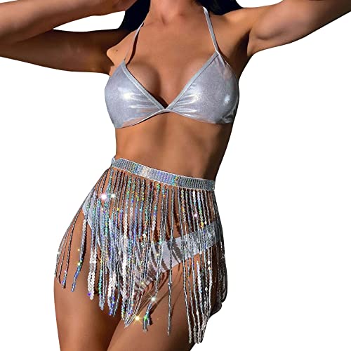 Techno Outfit Damen Festival Rock Metallic Bikini Pole Dance Outfit Reizwäsche+Outfit Kinky Outfit Clubwear Frauen Sexy Wetlook Catsuit Frauen Bikini Rock von SKFLABOOF