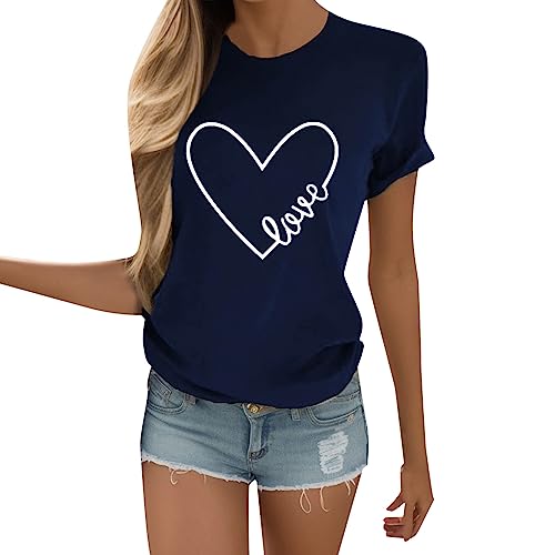 Tshirt Damen | Liebhaber-T-Shirt mit Herz & „ℒℴѵℯ“ Buchstabendruck Druck Oberteile Pullover T-Shirt Basic Shirt Rundhals Kurzarm Sommer Tops Bluse Laufshirt Sportshirt (002b_Marine, XL) F von SKFLABOOF