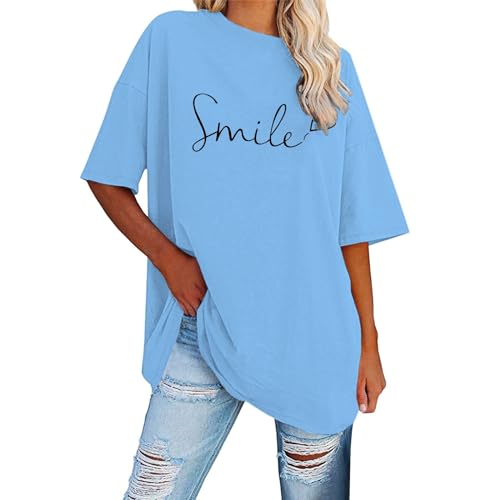 Tshirt Damen Sommer Oversize Einfarbig Smile Druck T-Shirts Rundhals/V-Ausschnitt Kurzarm Baggy Sommer Sportshirt Lässige Oberteil Los Angeles Druck Retro Shirt Streetwear Tshirt 00a Himmelblau XL von SKFLABOOF