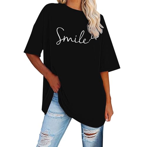 Tshirt Damen Sommer Oversize Einfarbig Smile Druck T-Shirts Rundhals/V-Ausschnitt Kurzarm Baggy Sommer Sportshirt Lässige Oberteil Los Angeles Druck Retro Shirt Streetwear Tshirt 00a Schwarz XXL von SKFLABOOF