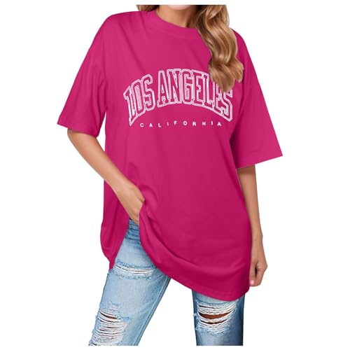 Tshirt Damen Sommer Oversize Einfarbig Smile Druck T-Shirts Rundhals/V-Ausschnitt Kurzarm Baggy Sommer Sportshirt Lässige Oberteil Los Angeles Druck Retro Shirt Streetwear Tshirt 00b Pink XXL von SKFLABOOF