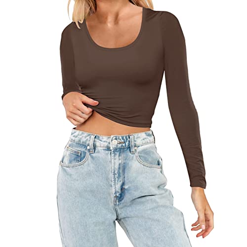 Skims Dupe Langarmshirt Damen Eng Oberteile Pumiey Aesthetic Y2k Clothes Basic Long Sleeve Shirt Crop Tops Coquette Suuksess Oberteil 2000s Baggy Klamotten Teenager Mädchen Braun, S von SKFLABOOF