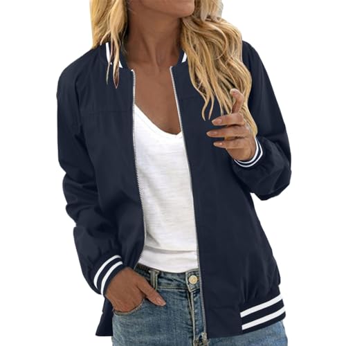 sommerjacke damen, blouson damen, College Jacke | Sommer Vintage Elegante Blouson Leicht Classic Bomberjacke Reissverschluss Dünne Jacken Für Den Übergang Blau, XL von SKFLABOOF