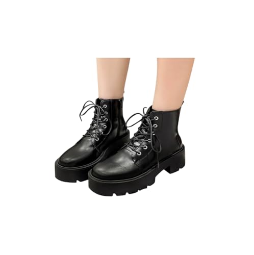 schwarze stiefel, Boots Damen - Ankle Stiefeletten Leder Winterboots Plateau Stiefel Dicke Waden Schuhe Damenstiefeletten Elegant Herbstschuhe 005a Schwarz, 37 EU von SKFLABOOF