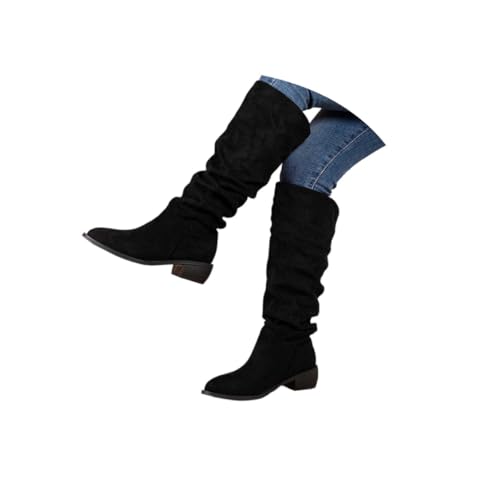 stiefel schwarz damen, Overknees Damen - Flach Western Cowboy Boots Mit Absatz Stiefeletten High Heels Herbstschuhe Winterboots Schuhe Elegant Damenstiefeletten 002a Schwarz, 35 EU von SKFLABOOF