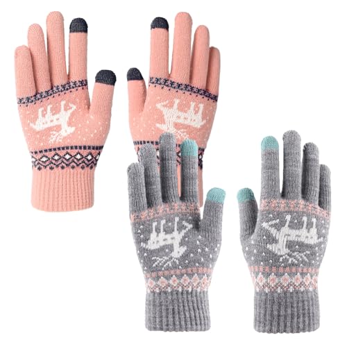 SKHAOVS 2 Paar Frauen Winter Touchscreen Handschuhe, Touchscreen Handschuhe Damen, Warme Gestrickte Thermohandschuhe, Winter Thermohandschuhe, Warme Strick Touchscreen Fäustlinge für Outdoor Radfahren von SKHAOVS