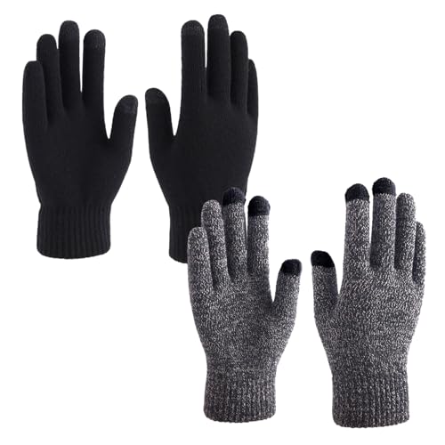 SKHAOVS 2 Paar Strickhandschuhe Winter für Herren Damen, Schwarz + Grau Touchscreen Warme Thermo Fleece Strickhandschuhe, Laufhandschuhe Motorradhandschuhe, Angenehm, Einheitsgröße von SKHAOVS