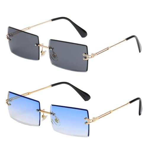 SKHAOVS 2 Pack Rechteck Randlose Sonnenbrille, Retro Rechteckig sonnenbrille Randlos für Frauen Männer, Mode Retro Rechteck Brille Quadratische durchsichtige Sonnenbrille, Rimless Sunglasses von SKHAOVS