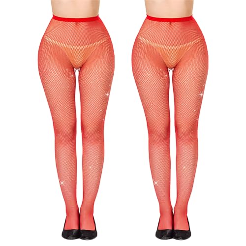 SKHAOVS 2 Stück Glitzer Netzstrumpfhosen Damen Glitzer Strumpfhose mit Strass Glitzer Hose Glitzernde Strass Netzstrumpfhose für Partys Halloween Cosplay Tänze, Einheitsgröße (Acryl, Rot) von SKHAOVS