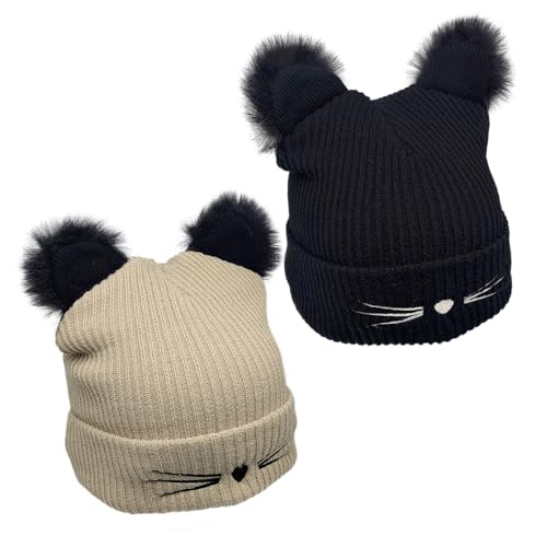 SKHAOVS 2 Stück Mütze Katzenohren Katze Bommelmütze Damen Warmer Strick für Frauen Warm Cuffed Elastisches Beanie Mütze Herbstmütze Winterhüte für Frauen Mädchen Einheitsgröße schwarz von SKHAOVS