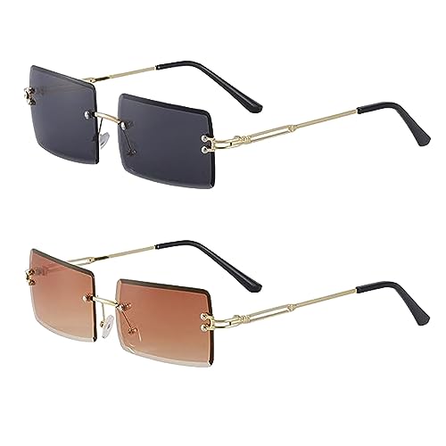 SKHAOVS 2 Stück Rechteck Randlose Sonnenbrille für Damen Herren Retro Ultra-Small Frame Mode Brille 90er Vintage Durchsichtige Linse Rahmenlose Rimless Sunglasses (2 Farben) von SKHAOVS