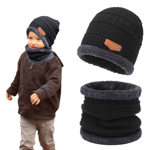 SKHAOVS 2 Stück Schwarz Kinder Wintermütze Beanie Hut mit Schal Set Winterwarme Strickmütze Fleecefutter Schal Warme Knit Cap Fleecefutter Hat für Jungen Mädchen 3–10 Jahre (Schwarz) von SKHAOVS