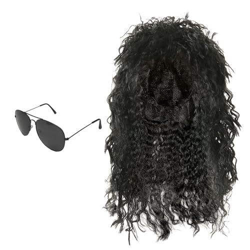 SKHAOVS 2 Stück Schwarzes Rocker Perücke Set 80er Disco Perücke Sonnenbrille Punk Popstar Perücke Vokuhila Perücke Lockige Perücke Hippie Kostüm Perücke für Party Halloween Karneval (2 Stück) von SKHAOVS