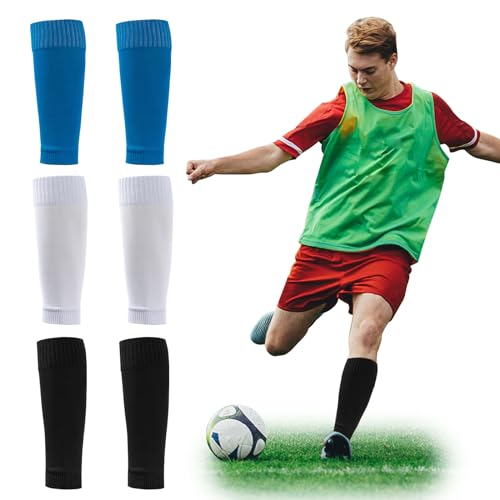 SKHAOVS 3 Paar Fußball Schienbeinschutz Socken, Ärmel für Fußballsocken, Fußballstutzen, Schwarz+Weiß+Blau, Laufstrümpfe, Atmungsaktive Fußball Schienbeinschoner Ärmel, für Fußball, Anfänger (3 Paar) von SKHAOVS