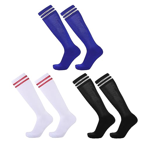 SKHAOVS 3 Paar Kinder Lange Fußballsocken, Kniehohe Fußball Socken Rugby Basketball Socken, Atmungsaktive Elastische Sportsocken Trainingssocken für 5–12 Jahren, Jungen und Mädchen (White,Blue,Black) von SKHAOVS