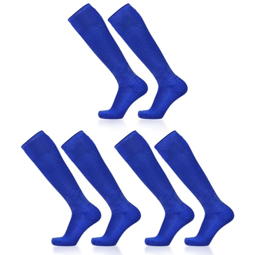 SKHAOVS 3 Pairs Kinder Blau Lange Fußballsocken, Kniehohe Fußball Socken Rugby Basketball Socken, Atmungsaktive Elastische Sportsocken Trainingssocken für 5–12 Jahren, Jungen und Mädchen (Blue) von SKHAOVS