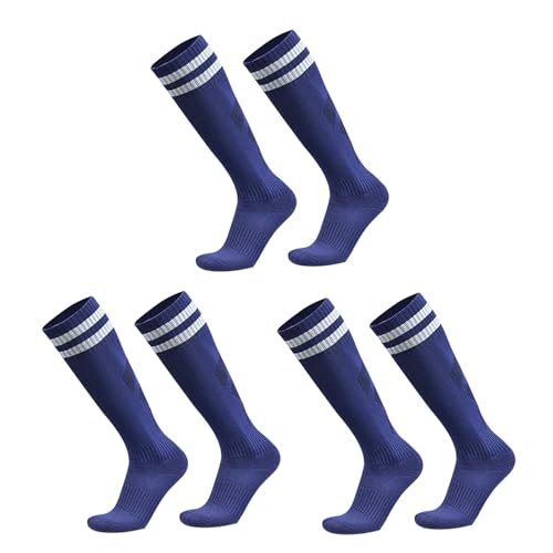 SKHAOVS 3 Pairs Kinder Dunkelblaue Lange Fußballsocken, Kniehohe Fußball Basketball Rugby Socken, Atmungsaktive Sportsocken Trainingssocken für 5–12 Jahren, Jungen und Mädchen (Polyester, Navy Blue) von SKHAOVS