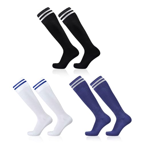 SKHAOVS 3 Pairs Kinder Fussball Socken, Lange Fußballsocken für Jungen Mädchen, Kniehohe Fußball Socken Rugby Basketball Socken, Trainingssocken Sportsocken für 5–12 Jahren (Black,White,Dark Blue) von SKHAOVS