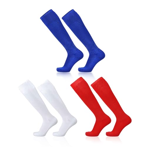 SKHAOVS 3 Pairs Kinder Fußballsocken, Lange Fußballsocken für Jungen Mädchen, Kniehohe Fußball Socken Rugby Basketball Socken, Elastische Sportsocken Trainingssocken für 5–12 Jahren (Red,White,Blue) von SKHAOVS